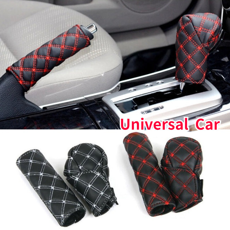 2pcs Faux Leather Gear Shift Knob and Handbrake Cover Set - Anti-Slip Red Stitching Car Interior Accessories