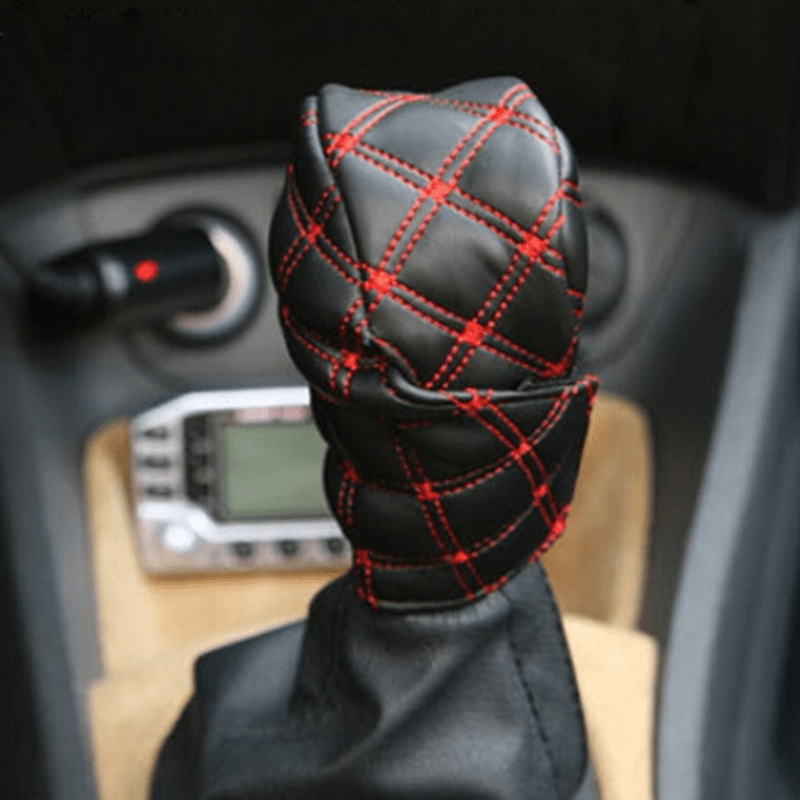 2pcs Faux Leather Gear Shift Knob and Handbrake Cover Set - Anti-Slip Red Stitching Car Interior Accessories