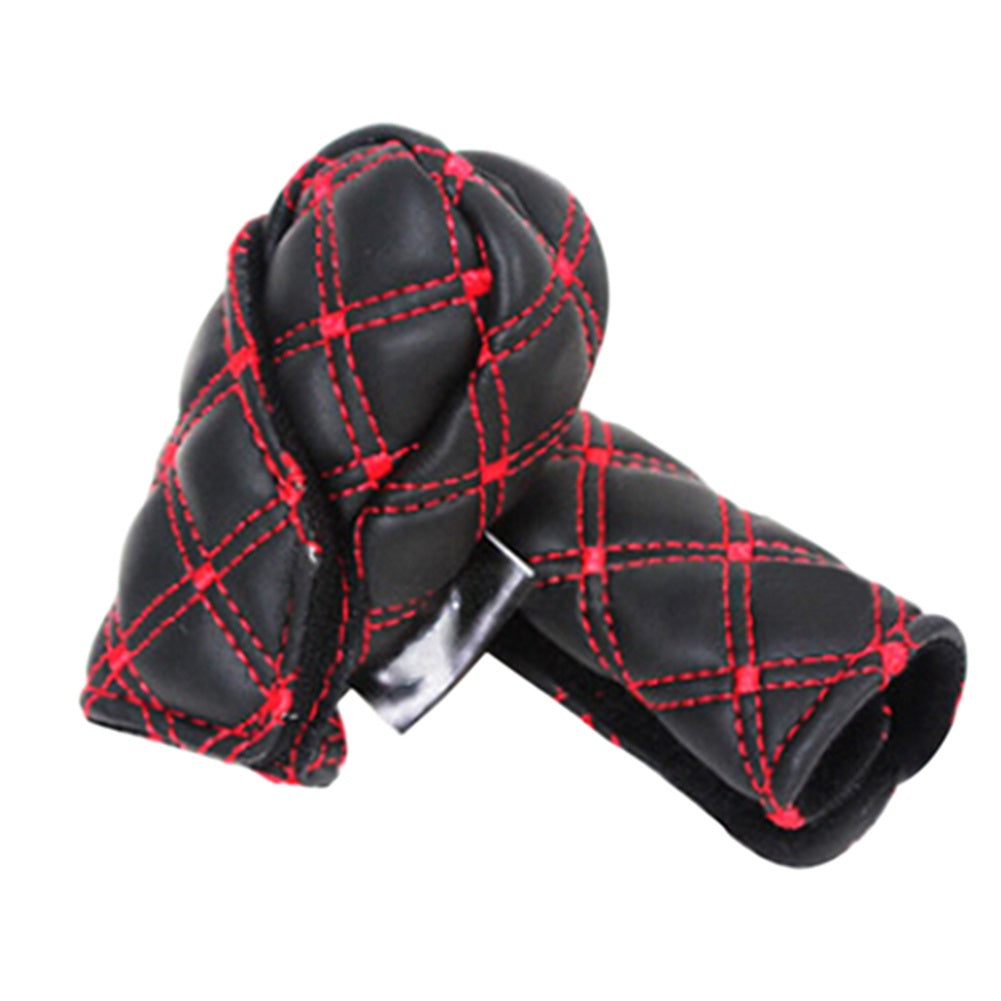 2pcs Faux Leather Gear Shift Knob and Handbrake Cover Set - Anti-Slip Red Stitching Car Interior Accessories