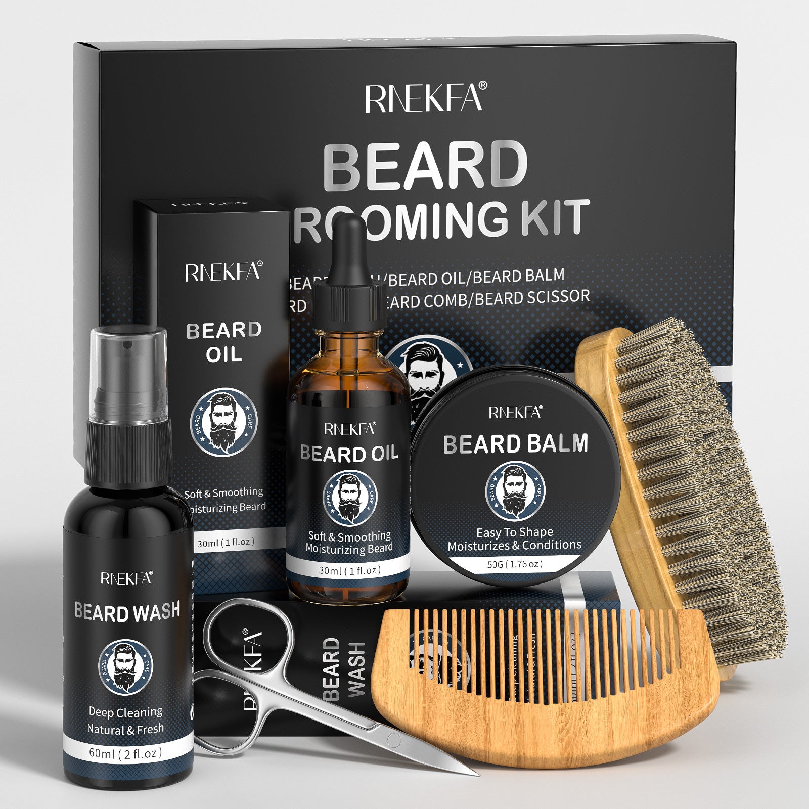 Kit de cuidado de barba para hombres con aceite, bálsamo, cepillo, peine y tijeras