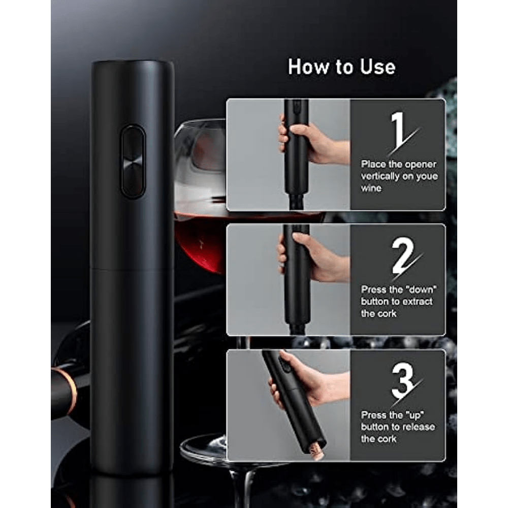 Qurilmali Elektrik sharob ochgich qora, batareyali, bitta bosish bilan ochadigan shisha ochgich