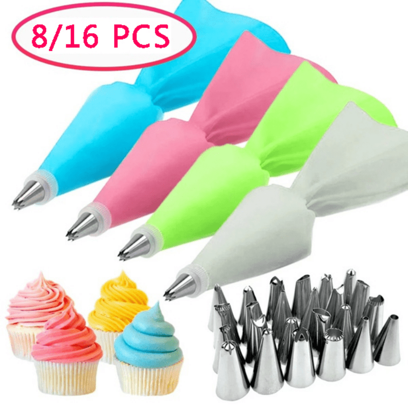 Set of 8 or 16 Silicone Pastry Bag Tips for Cake Icing and Piping Reusable Decorating Tools