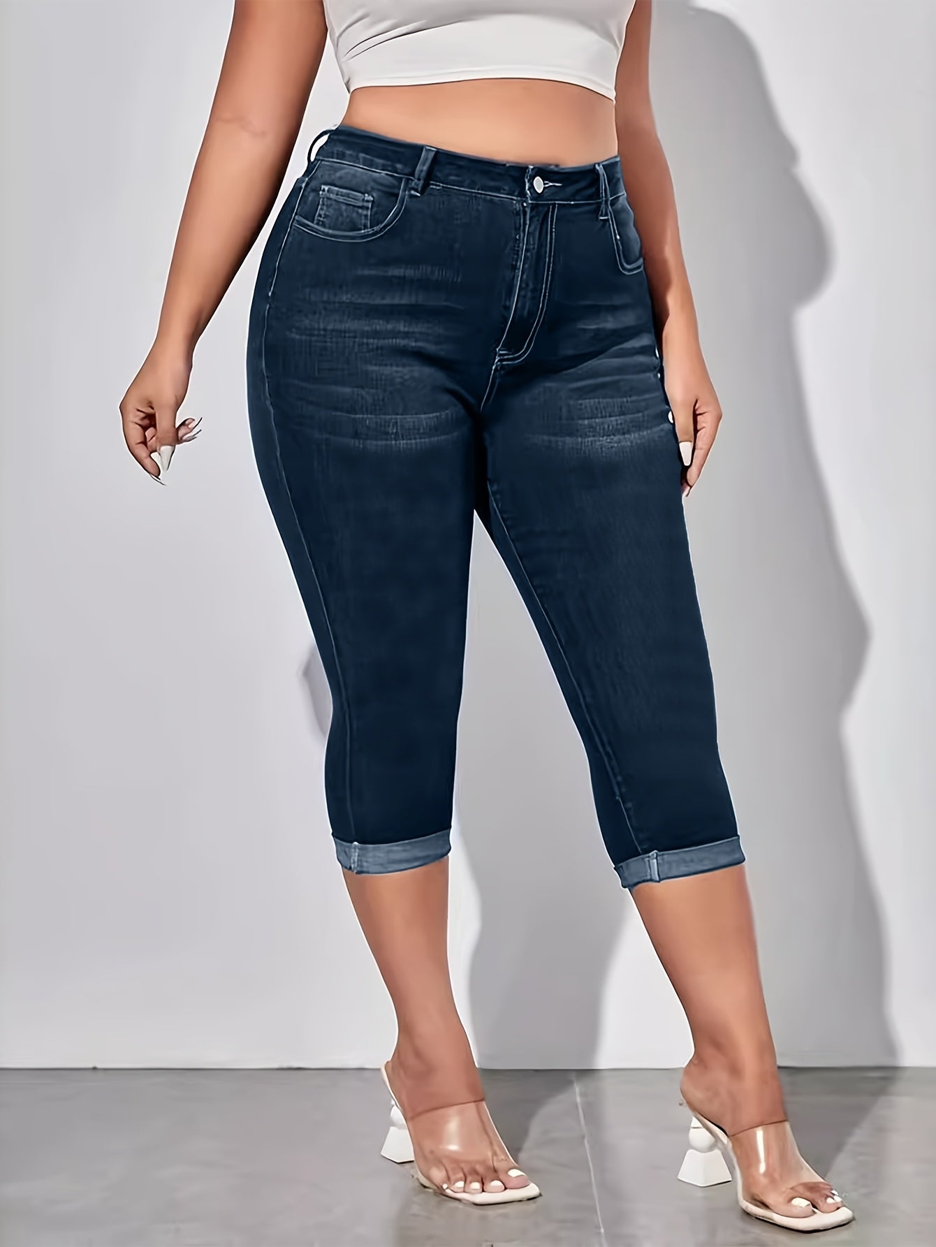 Ayollar uchun kengaytiriladigan, ko'k rangli Capri jinsi, yuqori bo'yli, tor fit, denim