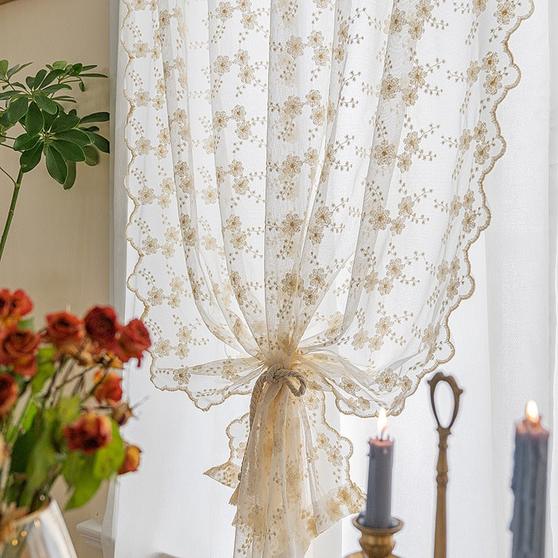 Vintage Floral Embroidery Sheer Curtain Beige for Kitchen Living Room Bedroom Bathroom Office