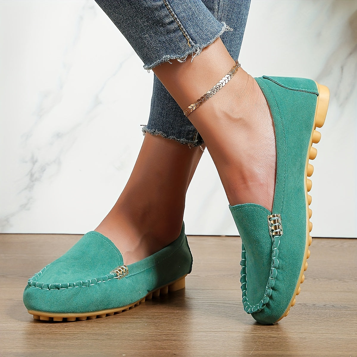 Women's Leather Round Toe Loafers Slip On Shoes Solid Comfort