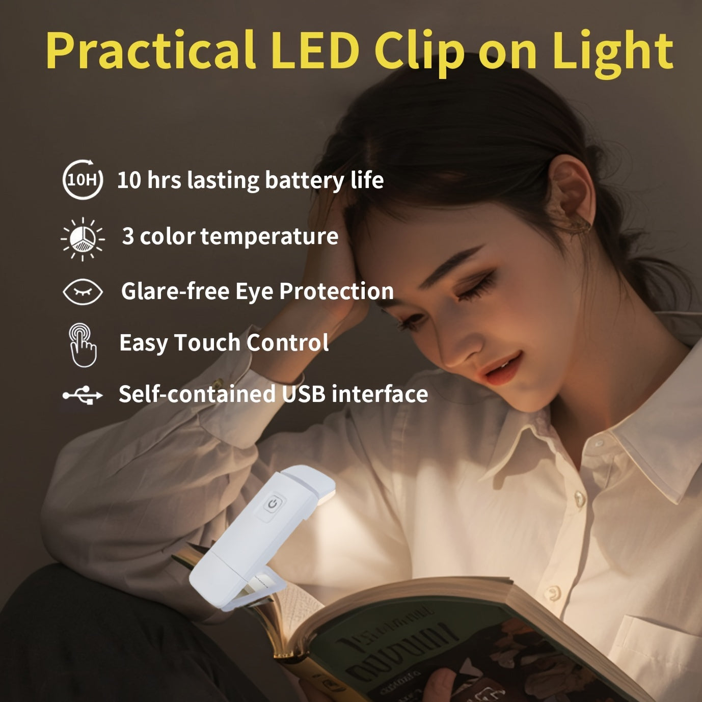 Rechargeable LED Clip-On Book Light with Adjustable Brightness Eye Protection and Portable USB Power