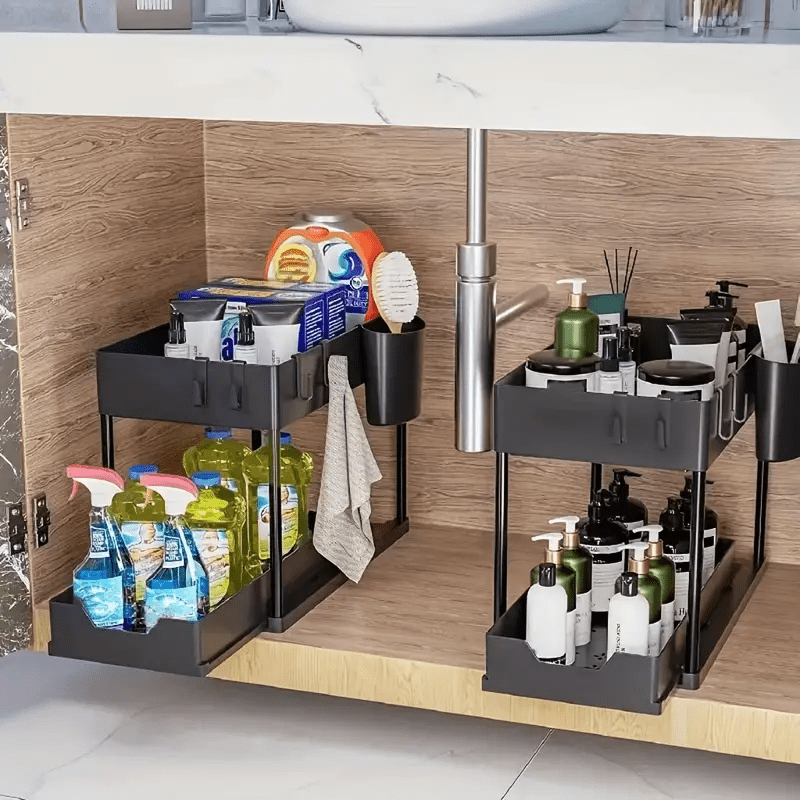 Under Sink Organizer with Sliding Drawer 2-Tier Cabinet Basket Hooks Storage Cup