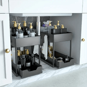 Under Sink Organizer with Sliding Drawer 2-Tier Cabinet Basket Hooks Storage Cup