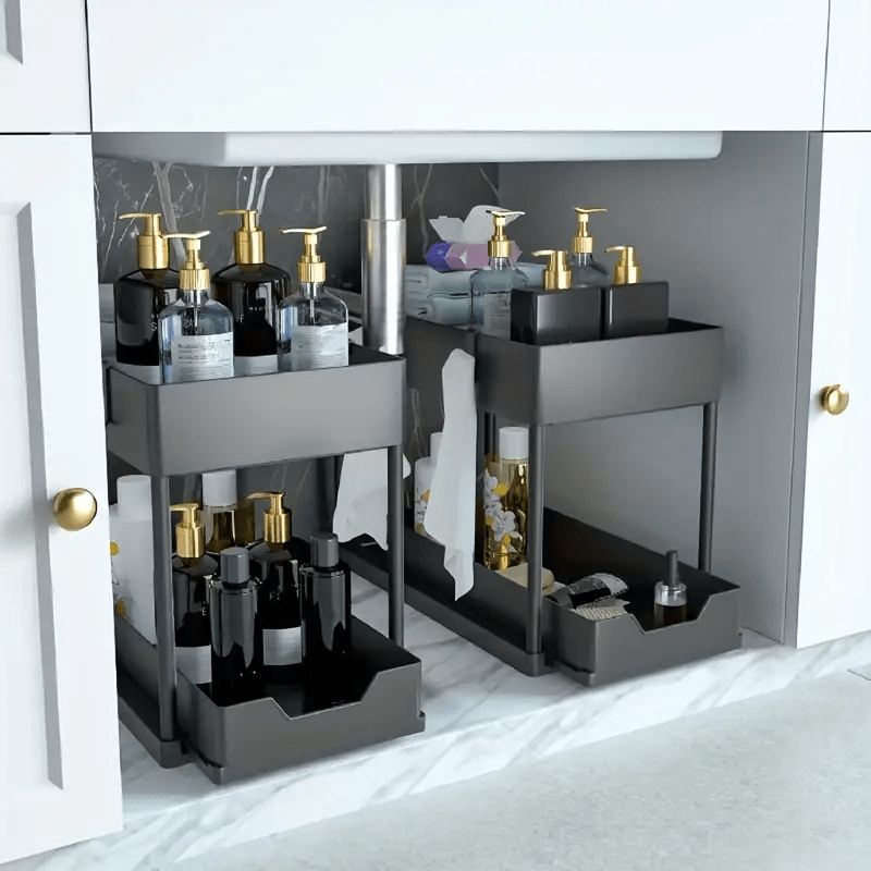 Under Sink Organizer with Sliding Drawer 2-Tier Cabinet Basket Hooks Storage Cup