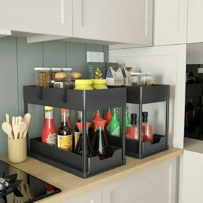 Under Sink Organizer with Sliding Drawer 2-Tier Cabinet Basket Hooks Storage Cup
