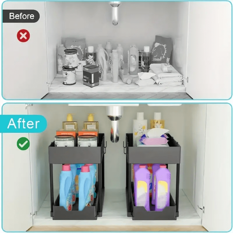 Under Sink Organizer with Sliding Drawer 2-Tier Cabinet Basket Hooks Storage Cup