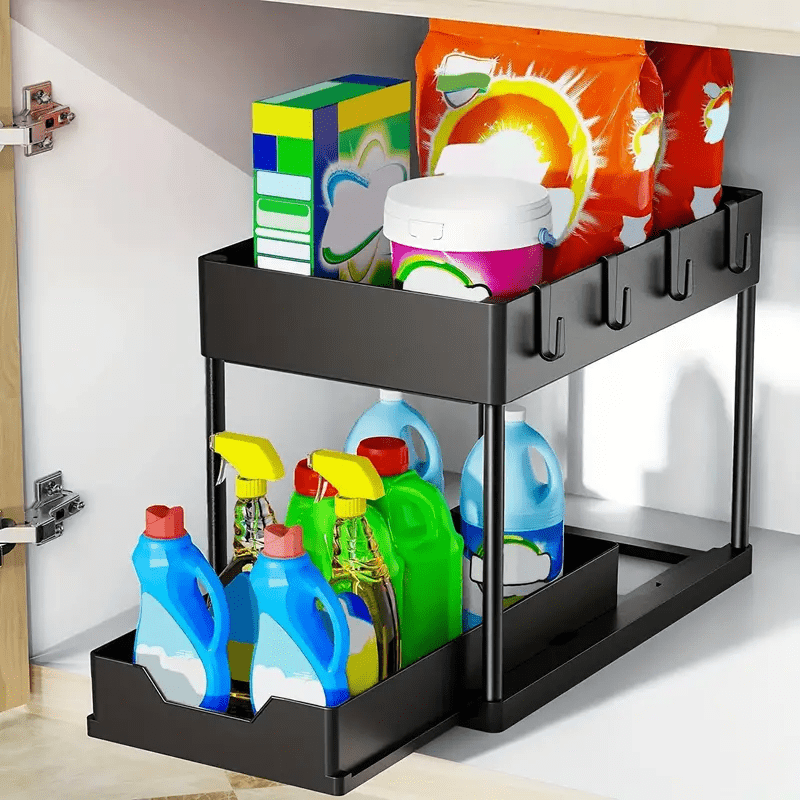 Under Sink Organizer with Sliding Drawer 2-Tier Cabinet Basket Hooks Storage Cup