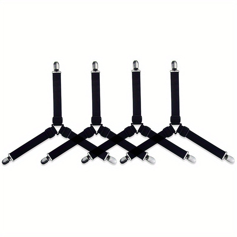 Set of 4 Non-Slip Metal Triangle Quilt Fasteners with Adjustable Elastic Straps for Sofa Cushions and Bedding