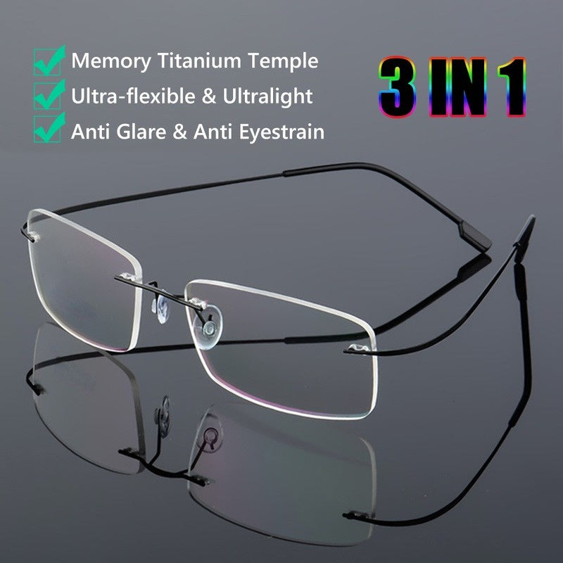 Men's Rimless Titanium Presbyopia Glasses with Flexible Memory Legs +1.0 to +4.0