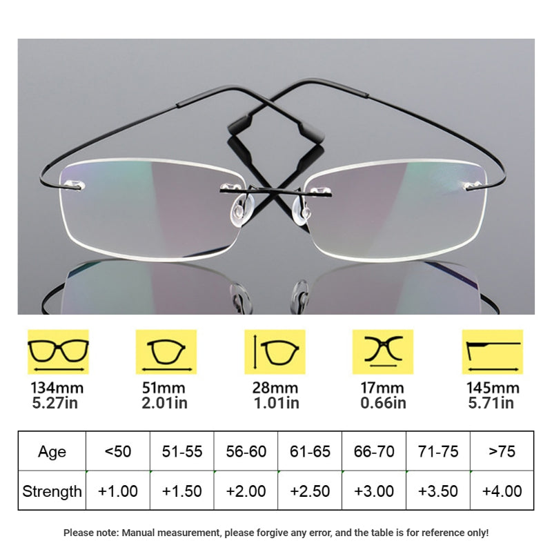 Men's Rimless Titanium Presbyopia Glasses with Flexible Memory Legs +1.0 to +4.0