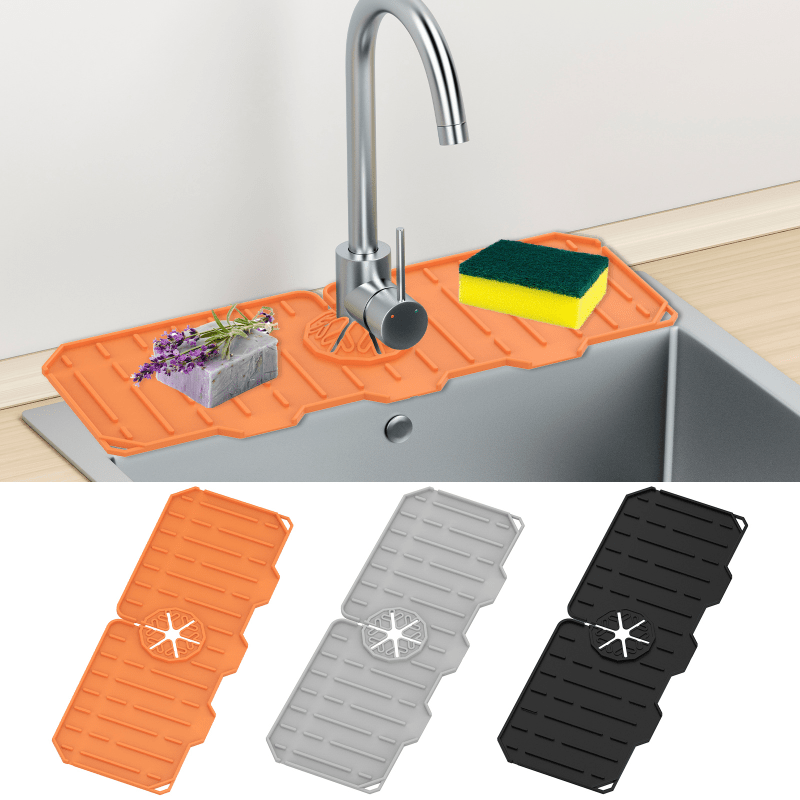 Folding Silicone Faucet Splash Guard and Sponge Holder for Kitchen Bathroom Countertop