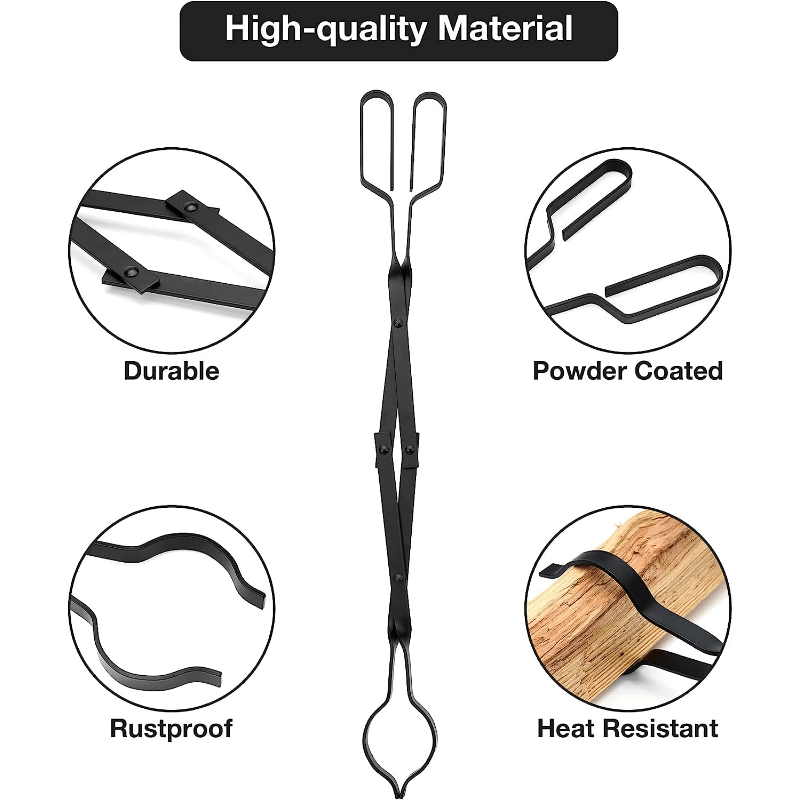 Heavy-Duty Steel Campfire Tongs 66cm Foldable Log Grabber Black Fire Pit Fireplace Tool