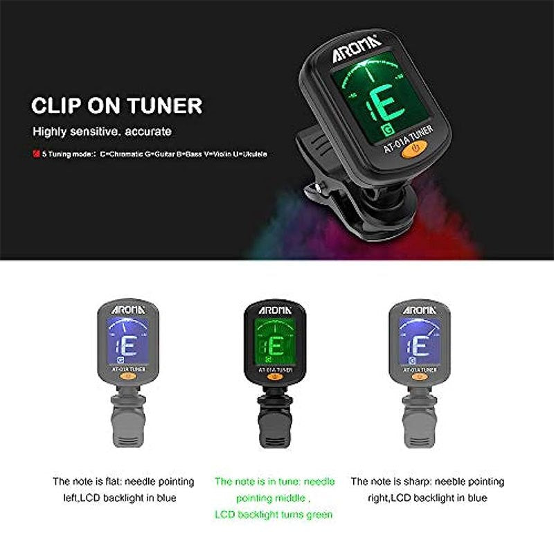 Clip-On Guitar Tuner for Guitar Bass Violin Ukulele Automatic Power-Off Single Button Black
