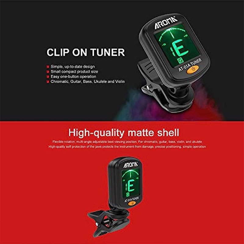 Clip-On Guitar Tuner for Guitar Bass Violin Ukulele Automatic Power-Off Single Button Black