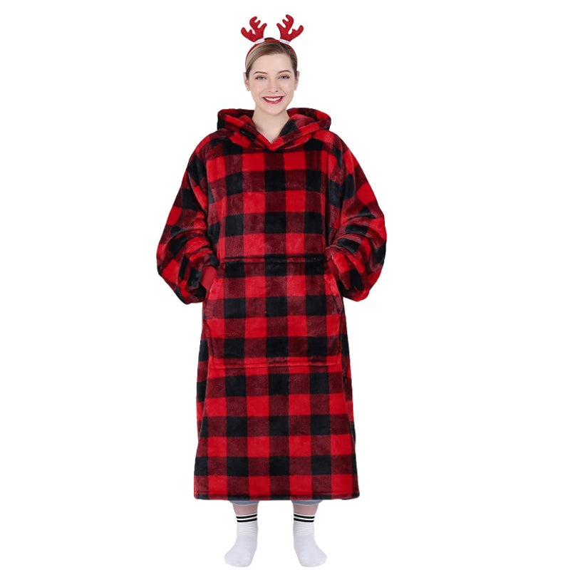 Oversized Red and Black Flannel Hoodie Blanket with Reindeer Antlers for Men and Women