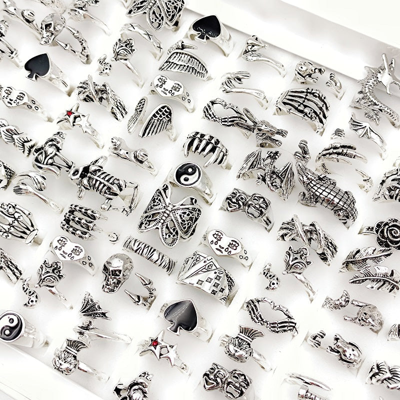 Women's Punk Style Silver Rings Set with Heart Flower Skull Butterfly and Tai Chi Motifs