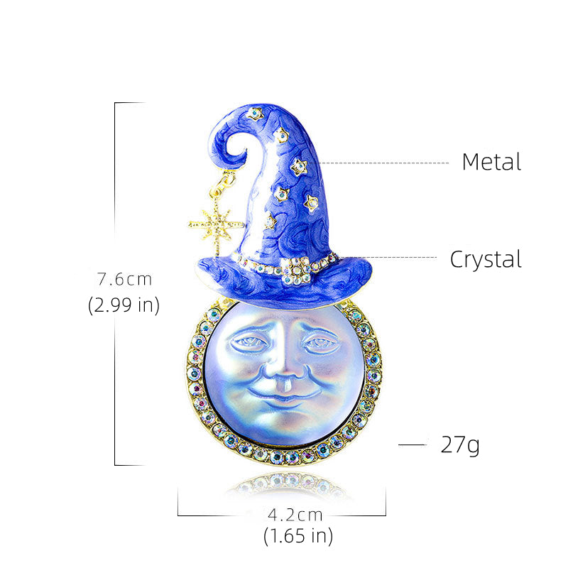 Эмалированный брошь-булавка с блестящей Луной в ведьминской шляпе для одежды, сумок, курток, подарка