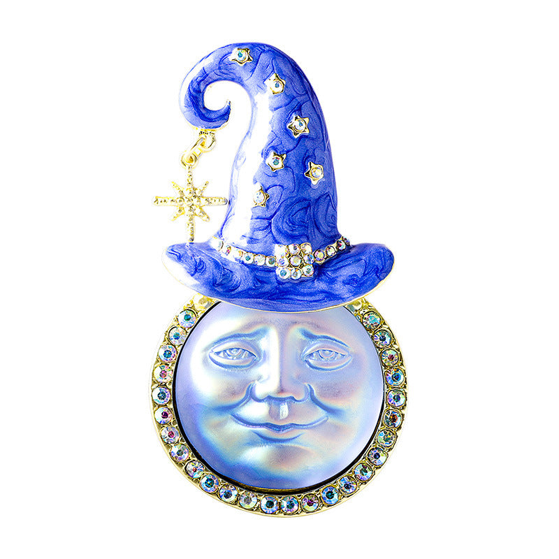 Эмалированный брошь-булавка с блестящей Луной в ведьминской шляпе для одежды, сумок, курток, подарка