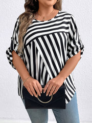 Plus Size Stripe Print Woven Blouse with Crew Neck and Oversized Fit