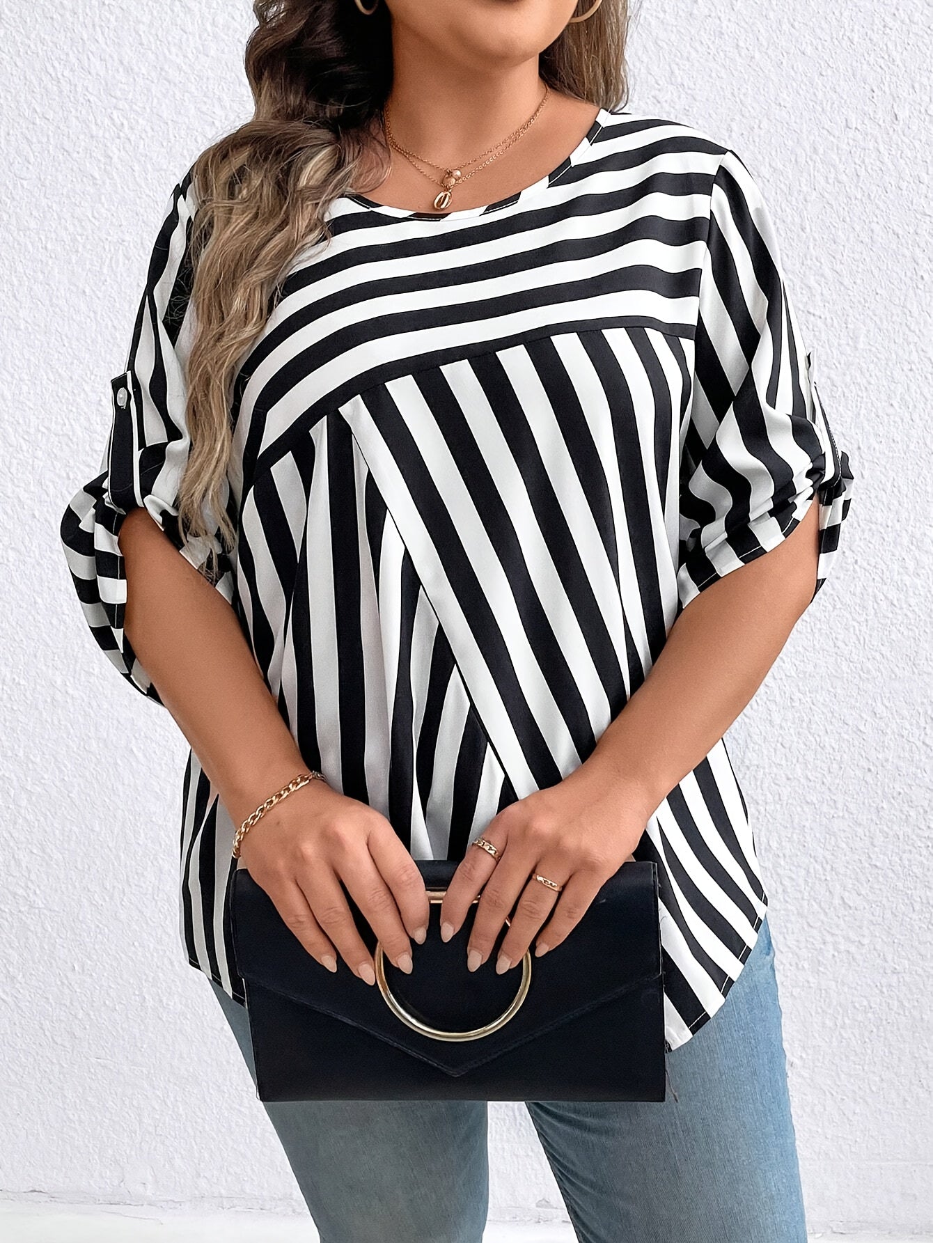 Plus Size Stripe Print Woven Blouse with Crew Neck and Oversized Fit