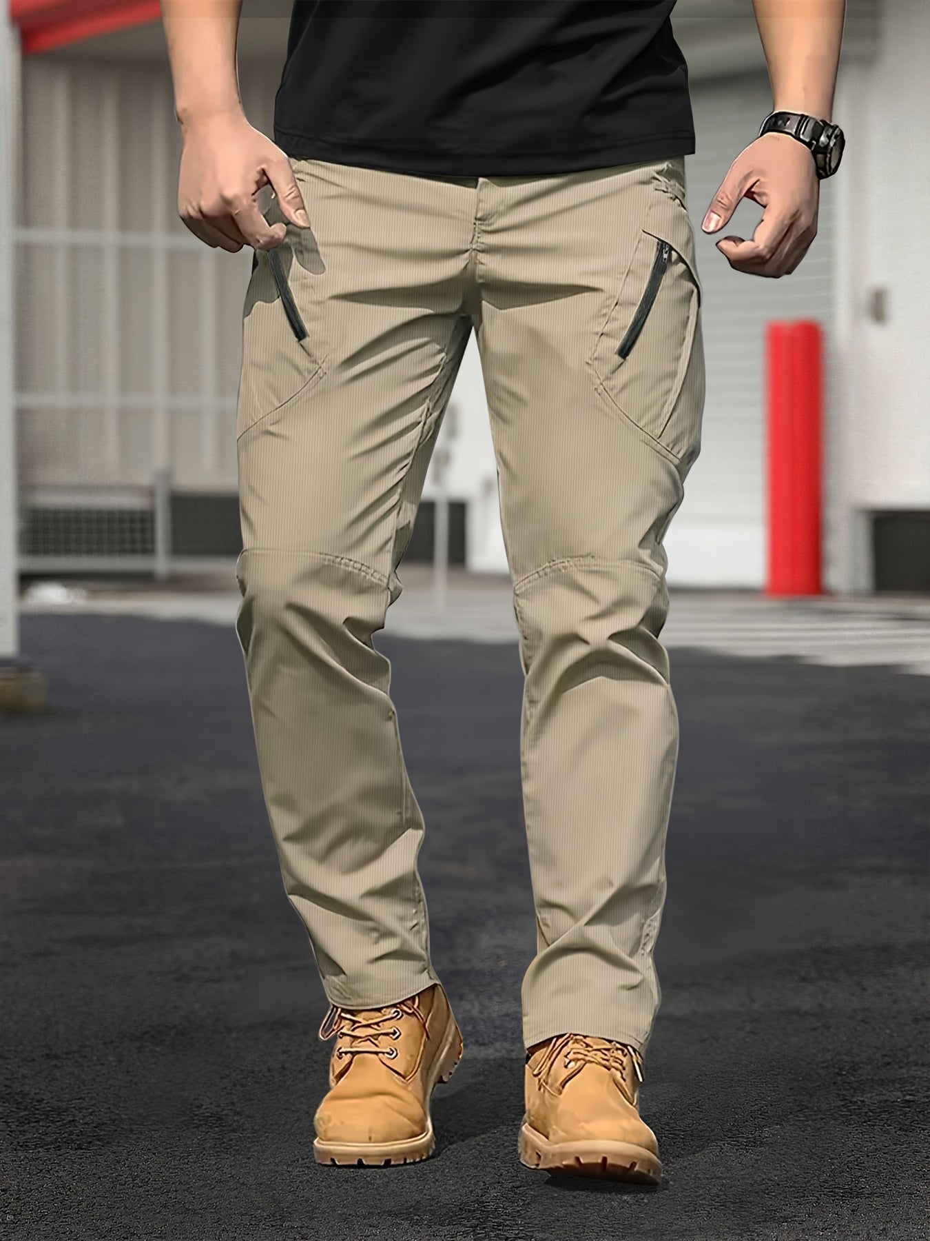 Pantalones tácticos de cargo para hombre de color sólido, ajuste regular, para todas las estaciones, poliéster con bolsillos multifunción