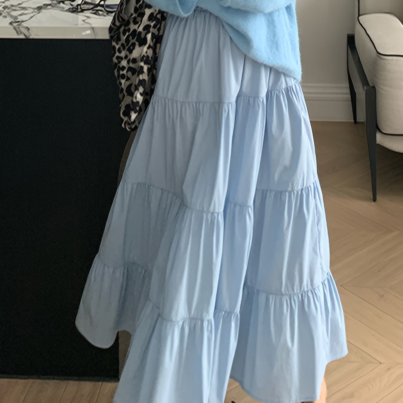 White French Long Skirt for Women Elastic Waist A-Line Casual Maxi Skirt