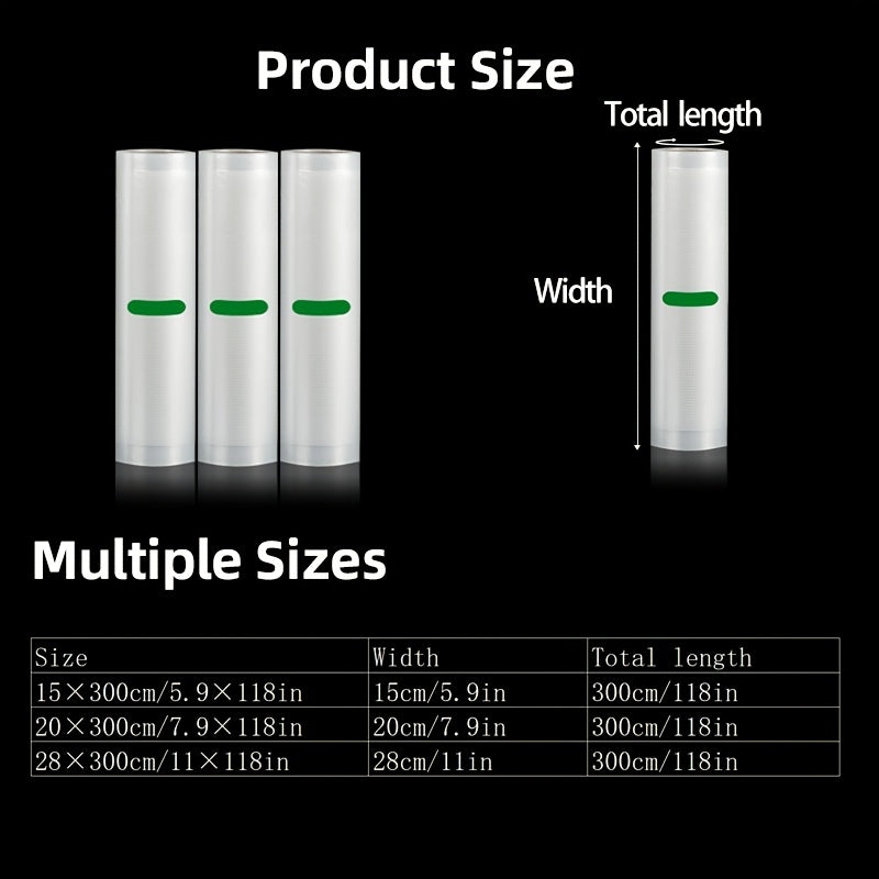 PE+PA materialidan tayyorlangan 3 ta Premium vakuum yopishqoq paketlar, o'lchami 28cm x 300cm (11in x 118in), kesishni osonlashtiradigan mustahkam teksturali dizaynga ega. Ovqat saqlash, sous vide va taom tayyorlash uchun ideal.