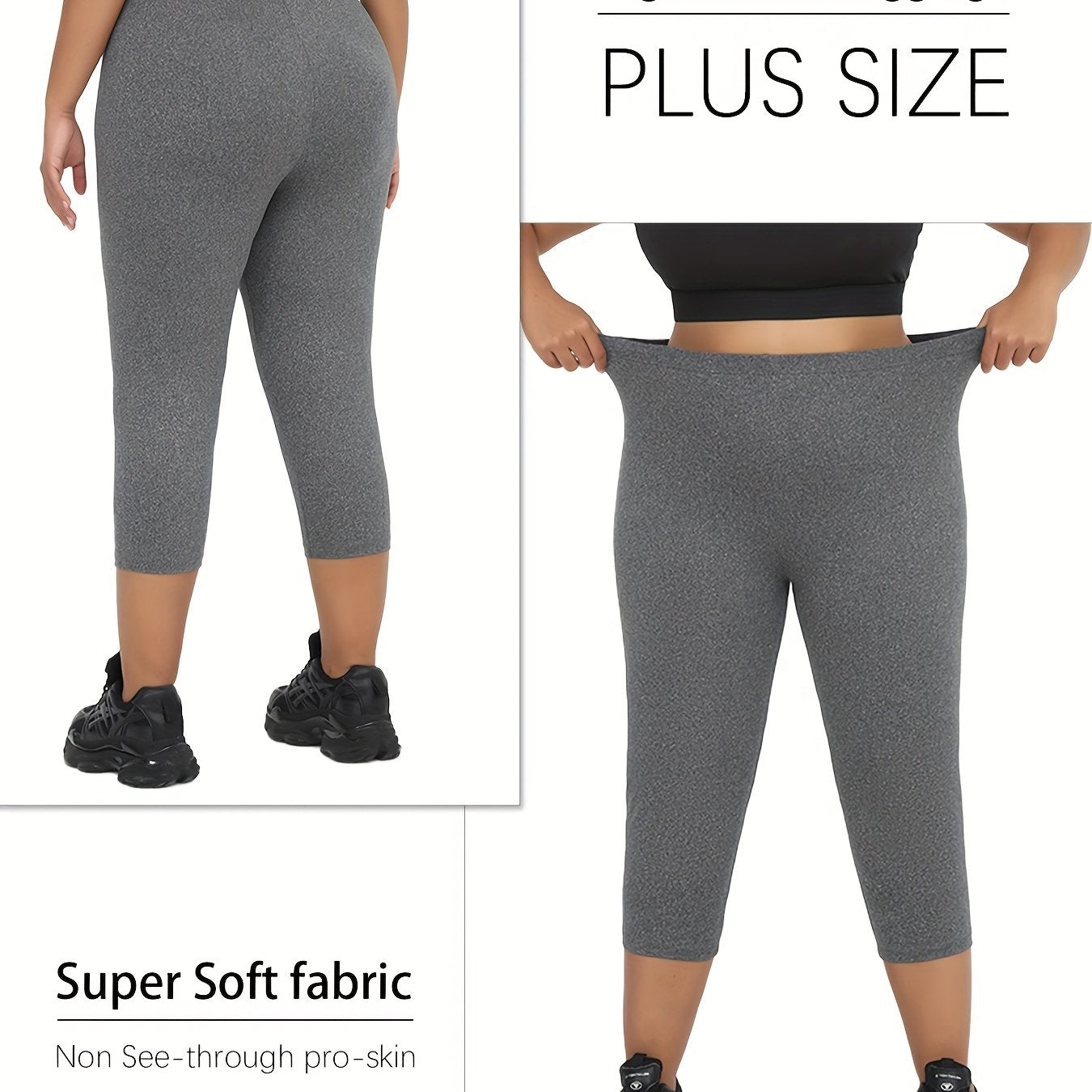 Plus Size Women's Slim Soft Capri Leggings Gray High Stretch Yoga
