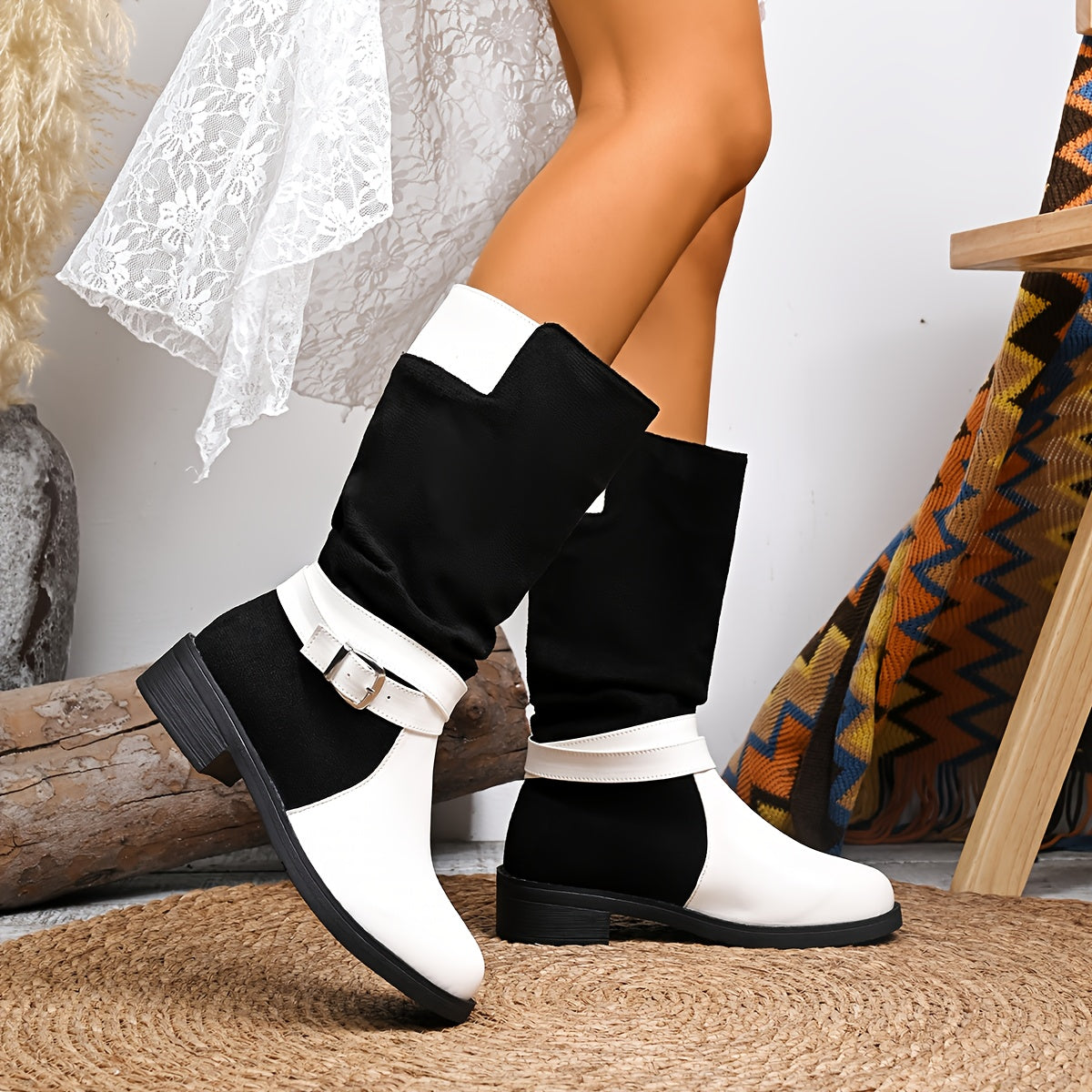 Women's Ankle Boots Black and White Two-Tone Casual Chunky Mid-Heel