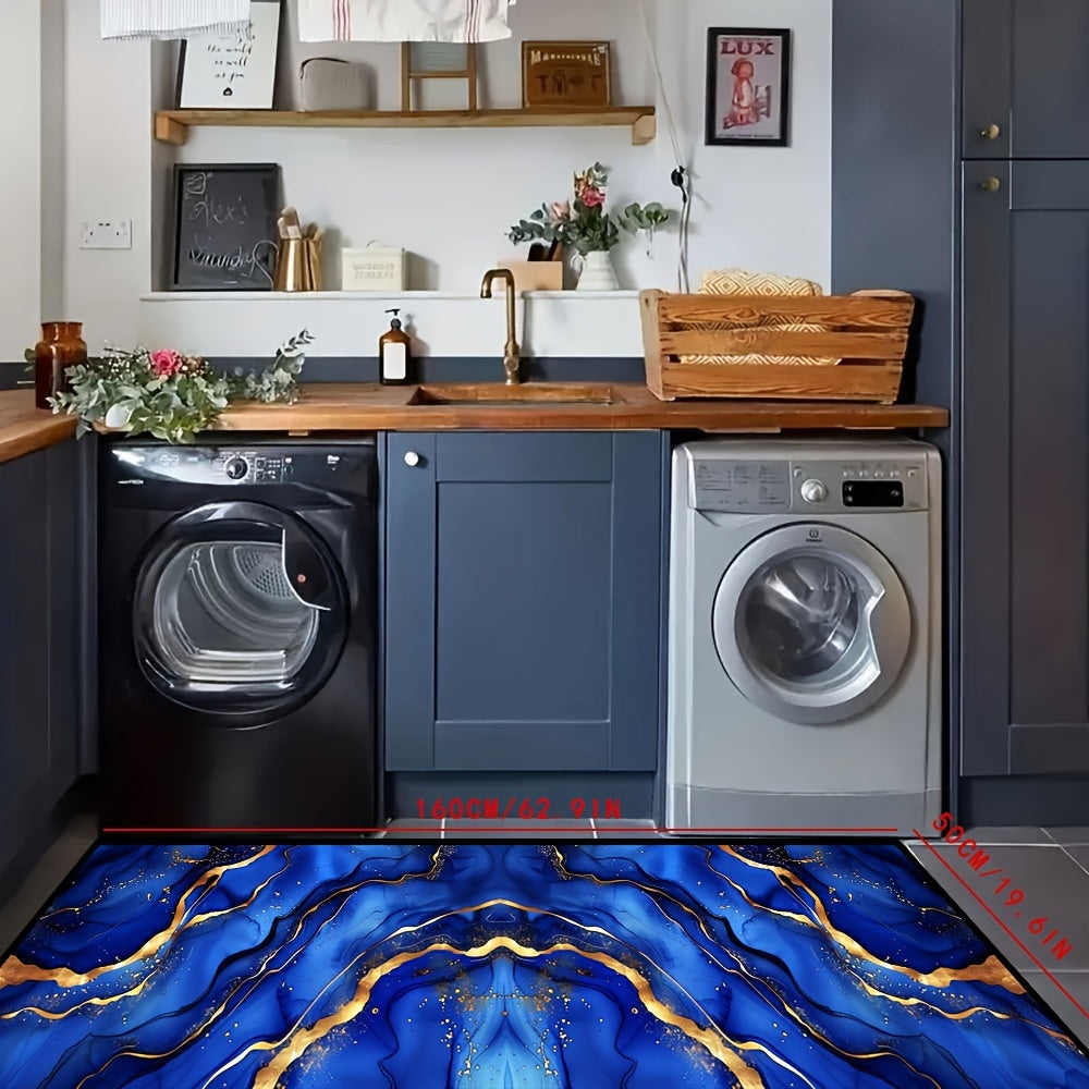 Blue and Gold Abstract Art Velvet Rug, Plush Anti-Skid Kitchen Mat