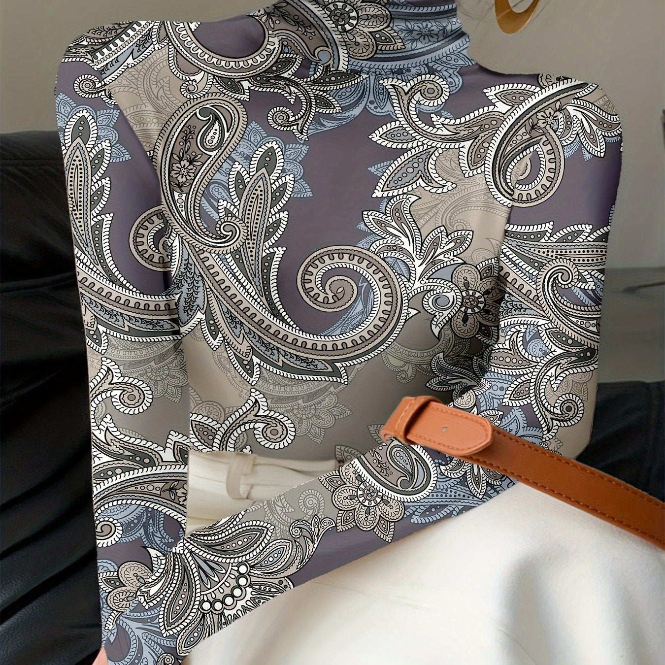 Women's Long Sleeve Paisley Print High Neck Polyester Blouse