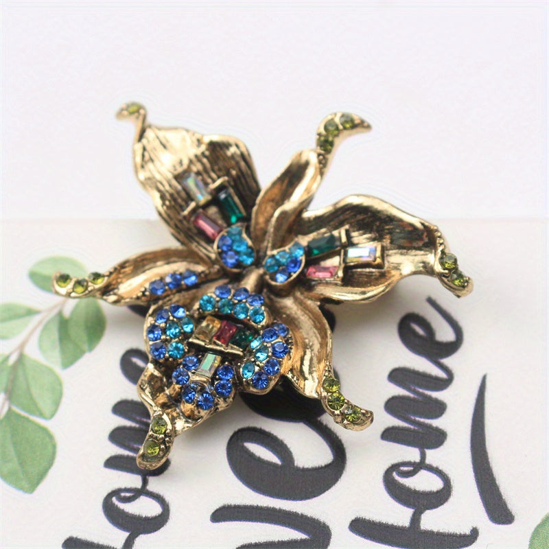 Antique Orchid Brooch Rhinestone Enamel Floral Jewelry for Women