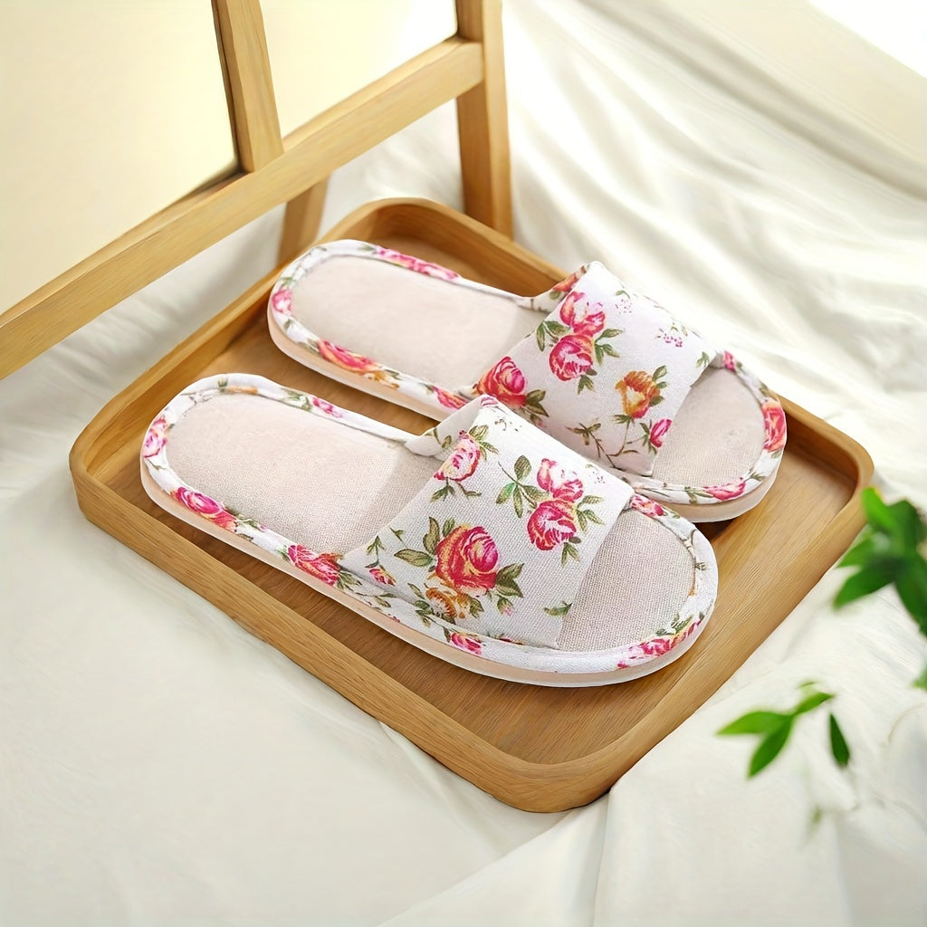 Women Flower Pattern Slippers Open Toe Linen Indoor Shoes