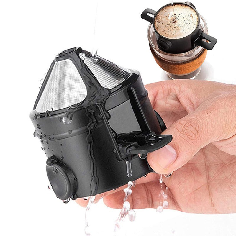 Portable Stainless Steel Coffee Filter Cup Foldable with Ear Hook for Easy Hanging