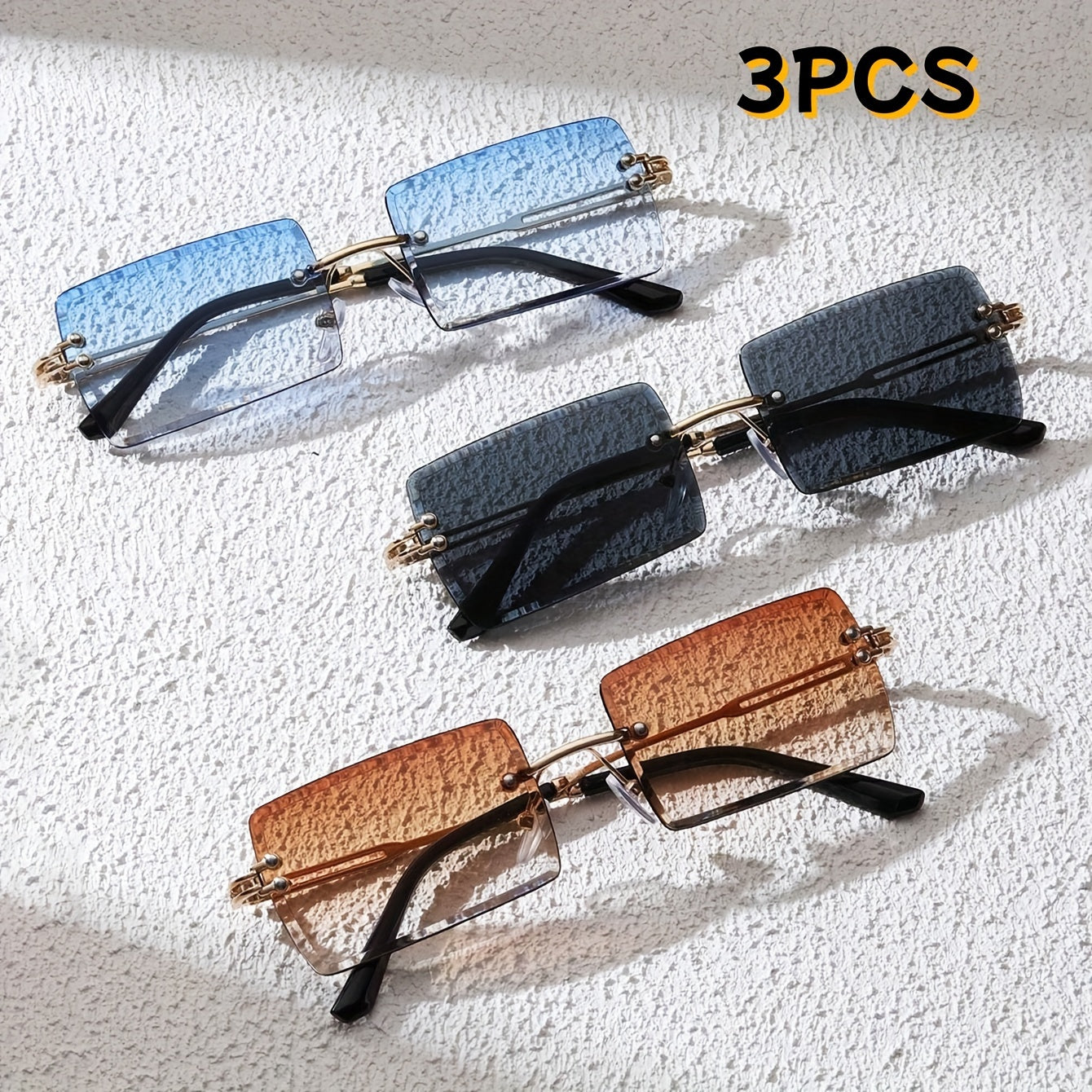 Gafas rectangulares sin montura con lentes de degradado, set de 3, marco de metal, acabado espejado para playa y viajes