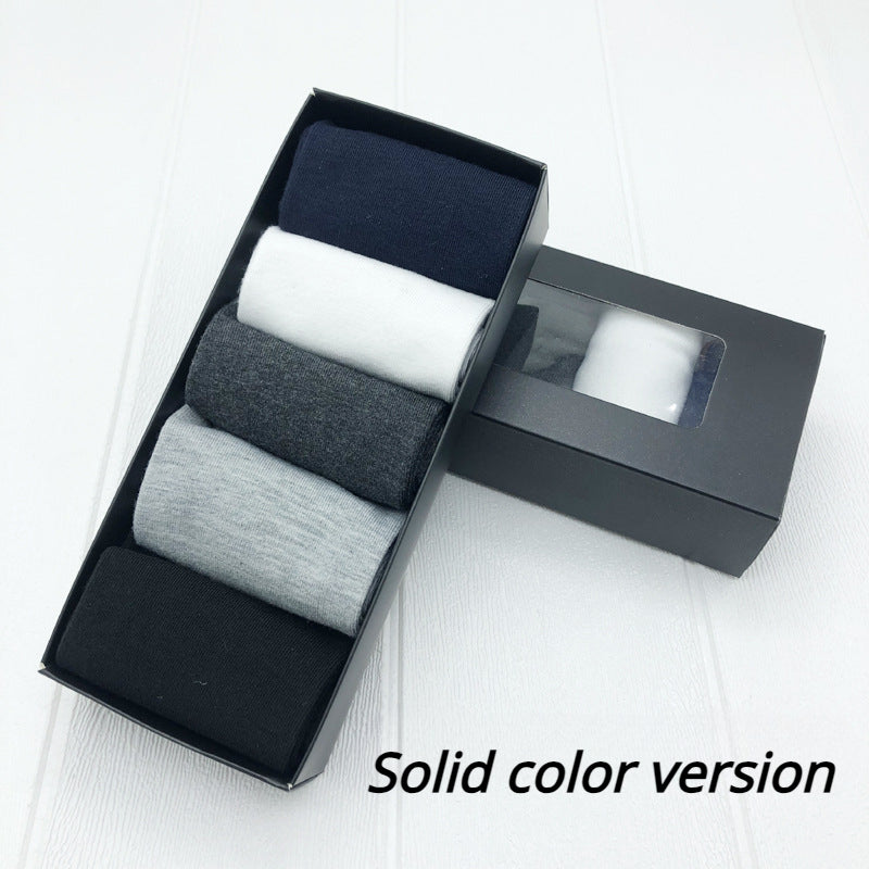 Men's Dress Socks Gift Box 5 Pairs Mid-Calf Solid and Plaid Polyester Hand Wash