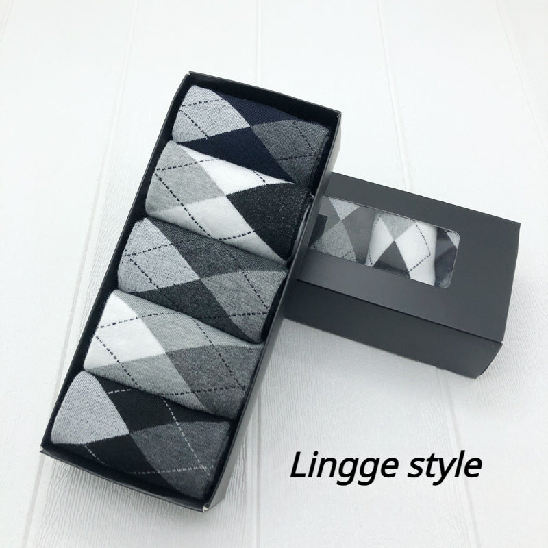Men's Dress Socks Gift Box 5 Pairs Mid-Calf Solid and Plaid Polyester Hand Wash