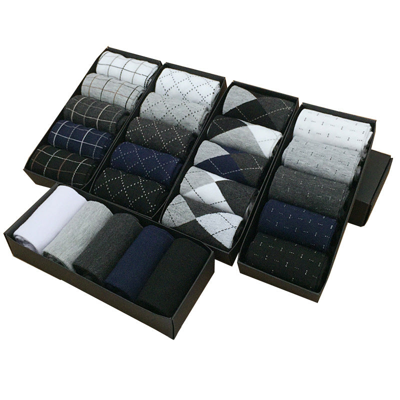 Men's Dress Socks Gift Box 5 Pairs Mid-Calf Solid and Plaid Polyester Hand Wash