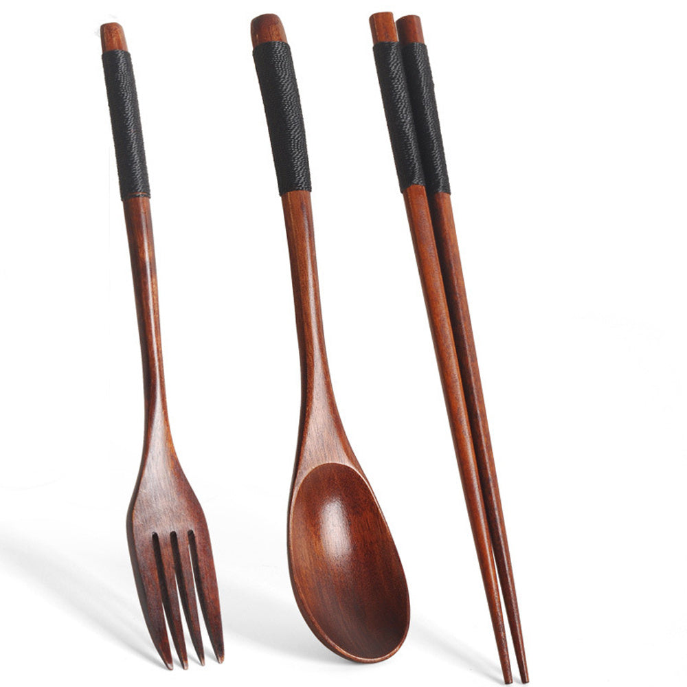 3-Piece Wooden Cutlery Set Spoon Fork Chopsticks Handcrafted Lightweight Durable Kitchen Utensils