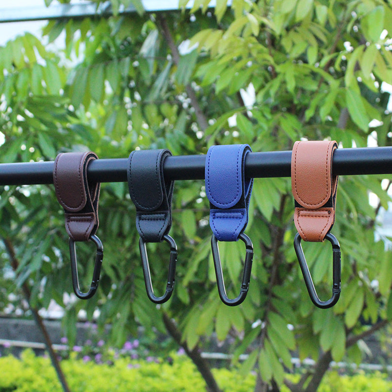 2 Stroller Hooks Vegan Faux Leather for Diaper Bags Grocery Shopping Bags