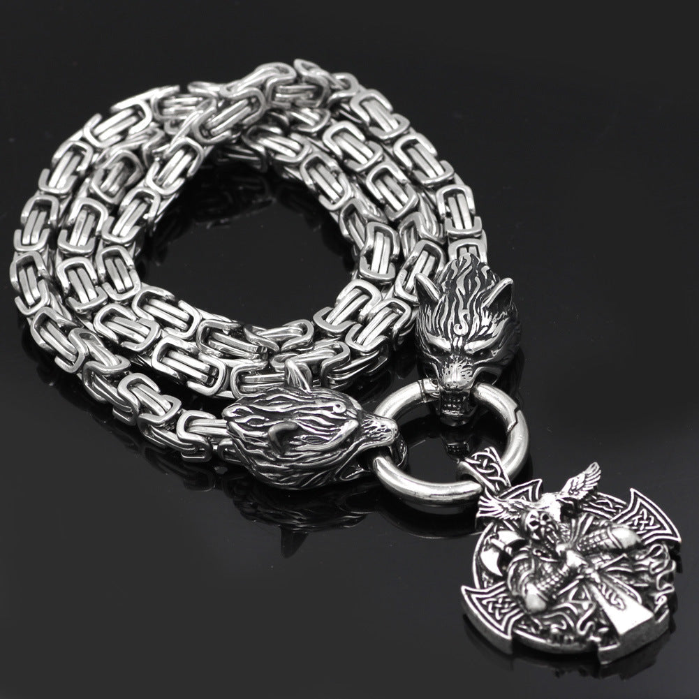 Vintage Stainless Steel King Chain Necklace, unda Wolf Head dizayni bilan Nordic Viking Pendant mavjud. Bu Fashion Trend Eksklyuziv Necklace Vintage Viking Amulet Jewelry bo'lib, partiyalar, punk uslubi va hip hop ko'rinishlari uchun ideal. Sifatida a