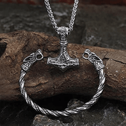 Set of 2 Viking Wolf Head Talisman Jewelry Necklace and Bracelet Men Women