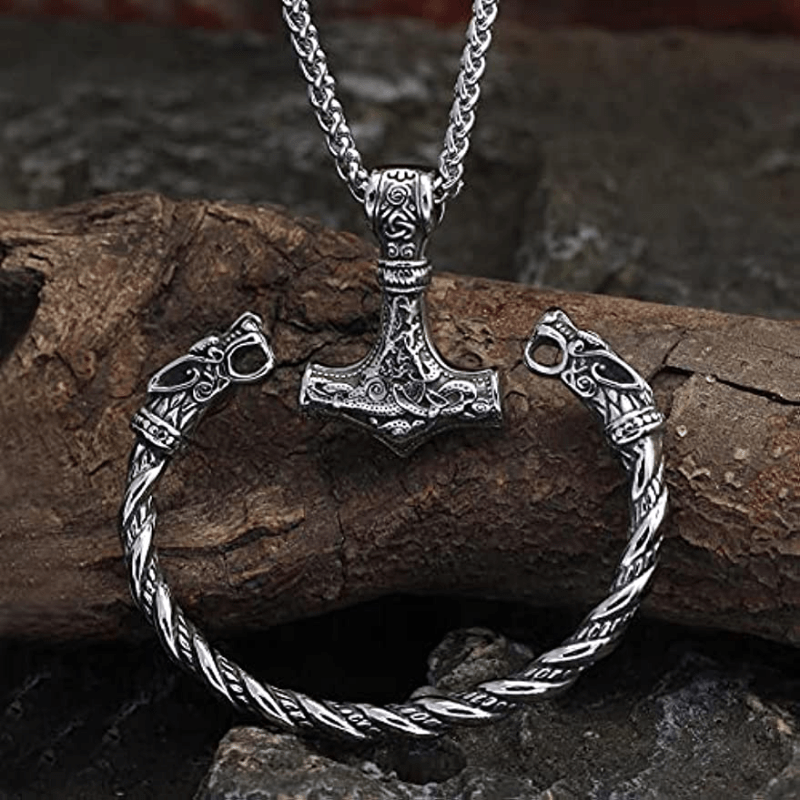 Set of 2 Viking Wolf Head Talisman Jewelry Necklace and Bracelet Men Women