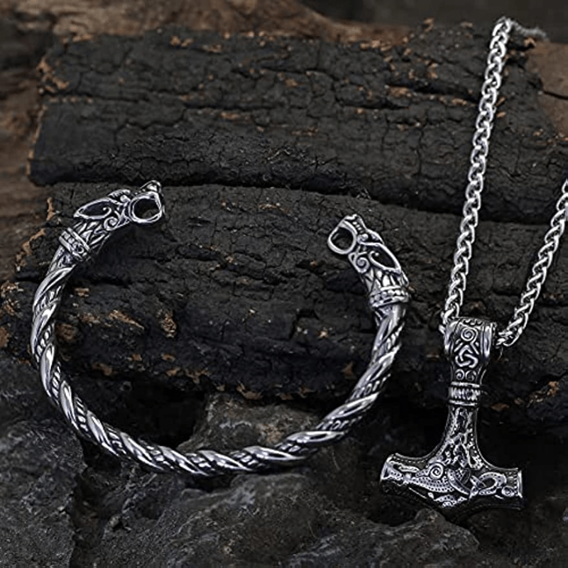 Set of 2 Viking Wolf Head Talisman Jewelry Necklace and Bracelet Men Women