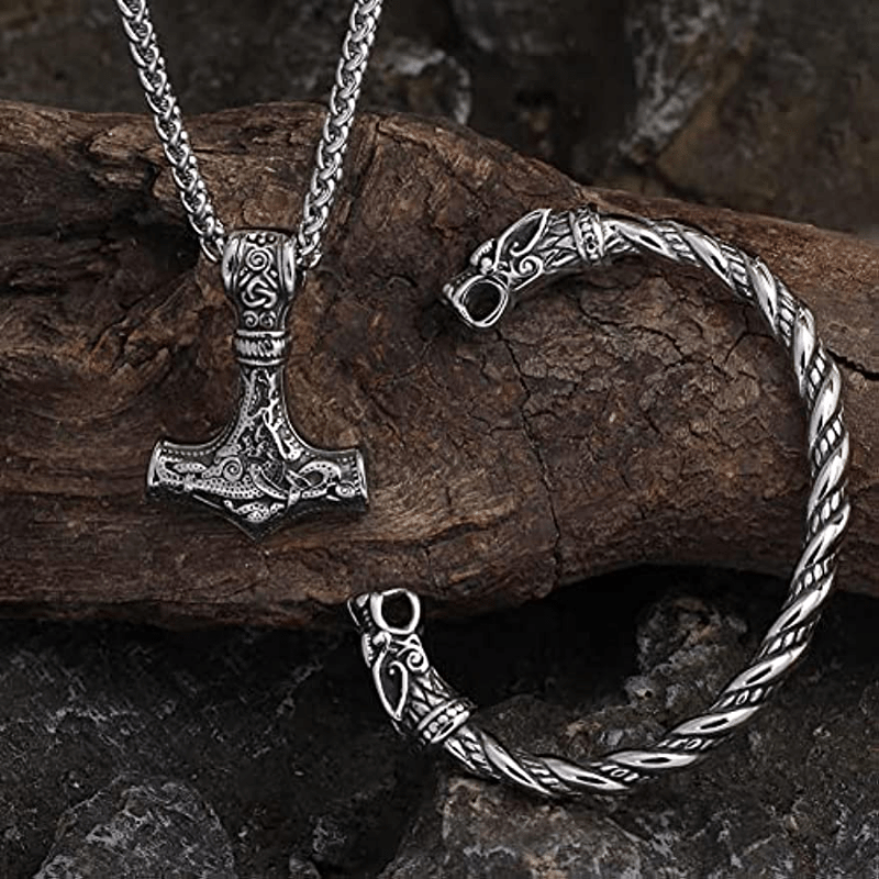 Set of 2 Viking Wolf Head Talisman Jewelry Necklace and Bracelet Men Women
